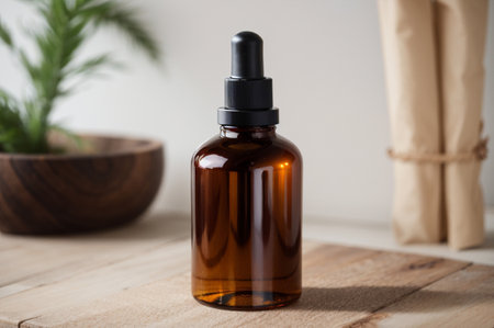 Brown glass dropper bottle with pipette on wooden table. Skin care conceptの素材