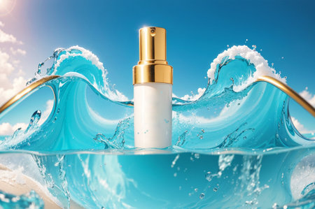 Cosmetic bottle on blue water splash background. Beauty and skin care conceptの素材