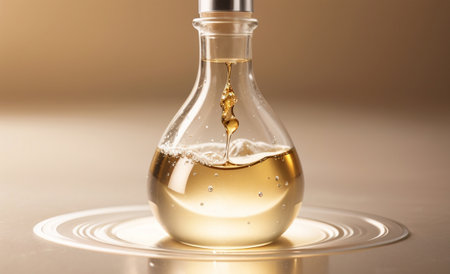 Oil pouring into a glass bottle on a beige background with reflectionの素材