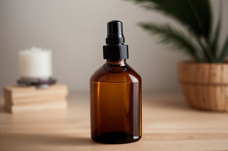 Essential oil in a glass bottle on a wooden table with candles and palm leavesの素材