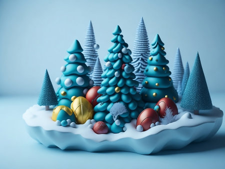 Christmas tree made of plasticine and colorful chocolate eggs on blue backgroundの素材