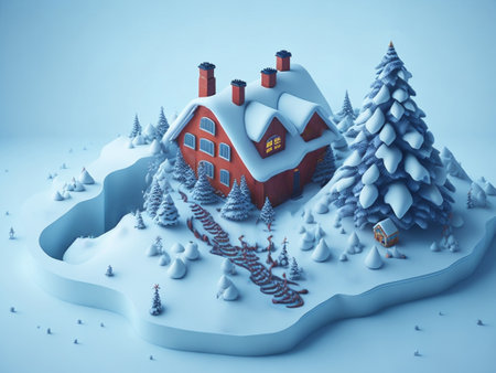 Winter landscape with a small red house in the snow. 3d renderingの素材