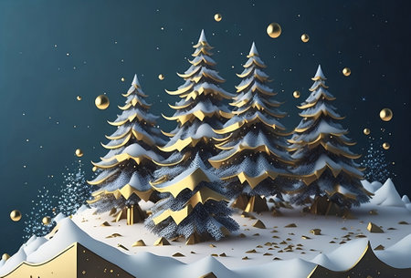 3D render of a christmas landscape with trees and snowflakesの素材
