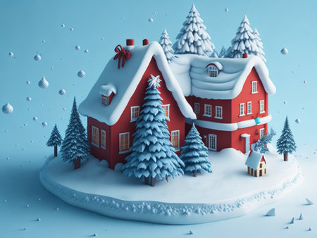 Christmas landscape with red house and snowfall. 3D rendering.の素材