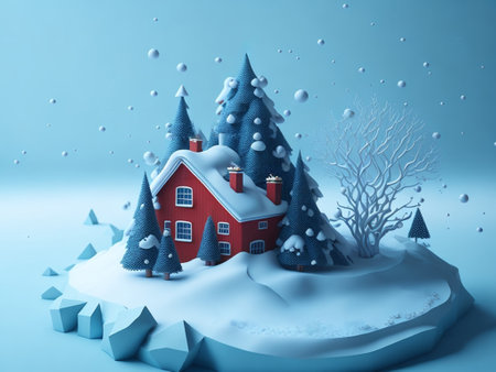 3d render of christmas scene with red house in snowfallの素材