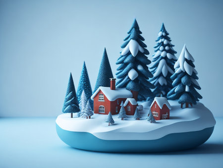 Winter scene with christmas trees and houses. 3D Renderingの素材