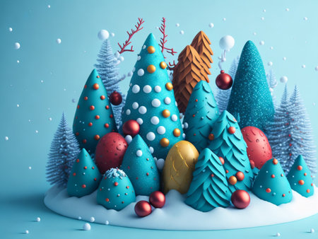 3D render of Christmas tree with snow and decoration on blue backgroundの素材