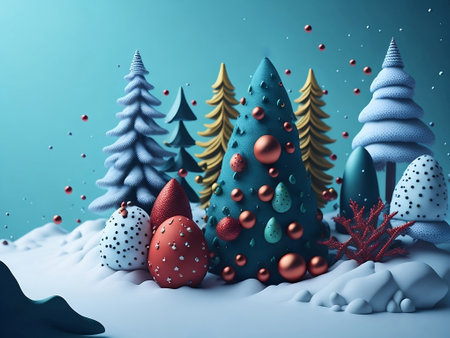 Christmas trees and snowflakes on blue background. 3D renderingの素材