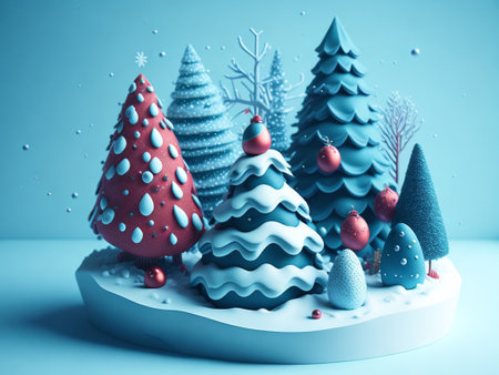 Christmas trees and snowflakes on blue background. 3d renderingの素材