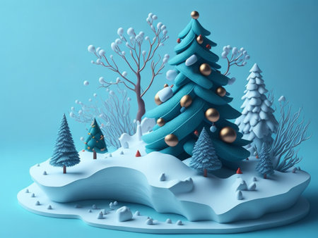 Winter landscape with Christmas tree. 3D illustration. Blue background.の素材