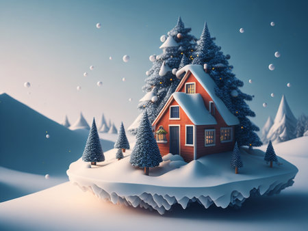Winter landscape with a small house in the snow. 3d renderingの素材