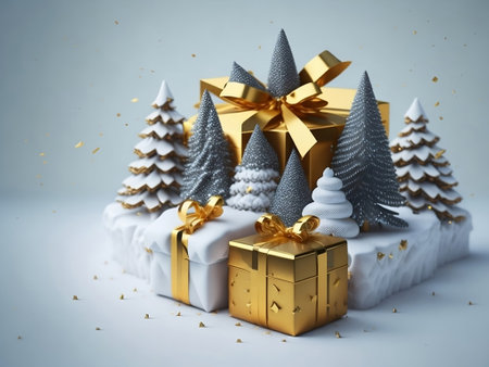 Christmas gift boxes with christmas trees and snowflakes. 3D renderingの素材