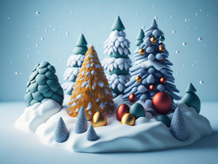 Christmas trees and snowflakes on blue background. 3d renderingの素材