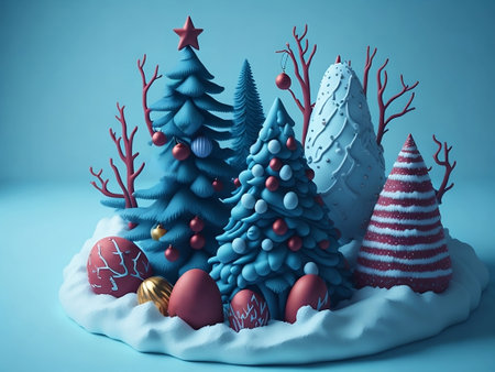 Christmas tree made of plasticine on blue background. 3d renderingの素材