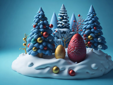 3d render of christmas tree and easter eggs on blue backgroundの素材
