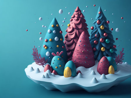 3d illustration of christmas tree and easter eggs on blue backgroundの素材
