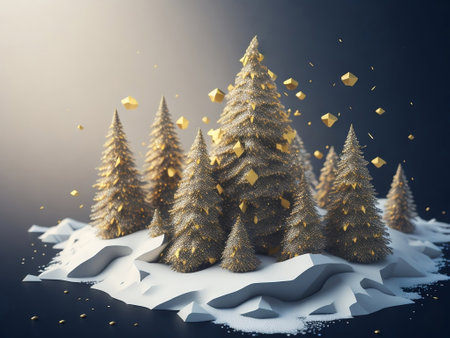 3d render of christmas tree with golden decoration on snow.の素材