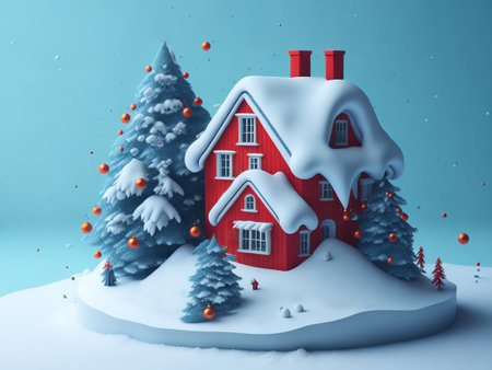3d render of christmas house in the snow with christmas treeの素材