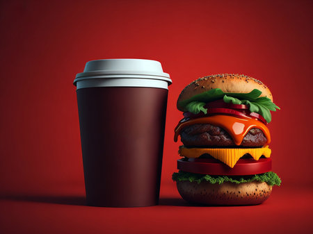 Hamburger and coffee cup on red background. 3d renderingの素材