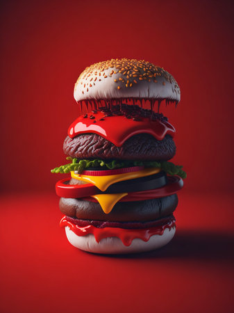 Hamburger on red background with copy space. Fast food conceptの素材