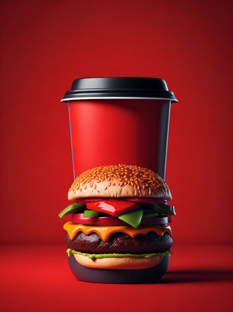 Hamburger and coffee cup on a red background. 3d renderingの素材