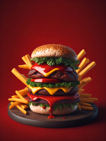 Big hamburger with french fries on a wooden board on a red backgroundの素材