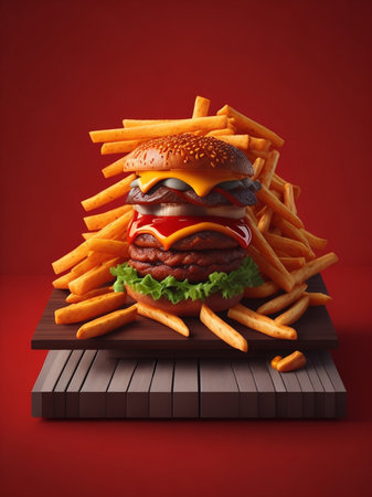 Cheese burger - American cheese burger with Golden French fries. 3d Renderingの素材