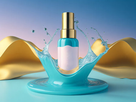 3d rendering of cosmetic cream bottle in water splash with yellow and blue backgroundの素材
