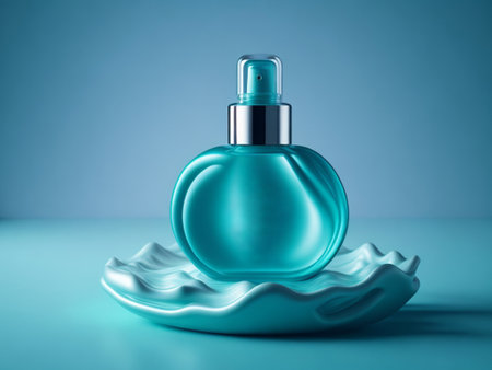 Perfume bottle on a blue background. 3D rendering.の素材