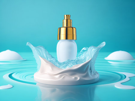 cosmetic cream in water splash on blue background 3d render illustrationの素材