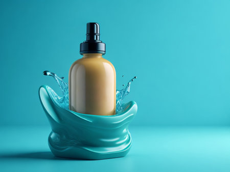 Cosmetic bottle in water splash on blue background. 3d renderingの素材
