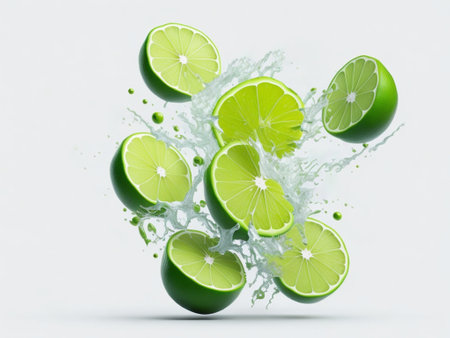 Fresh lime with water splash isolated on white background. 3d illustrationの素材