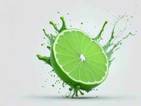 Fresh lime with juice splash isolated on white background. 3d illustrationの素材