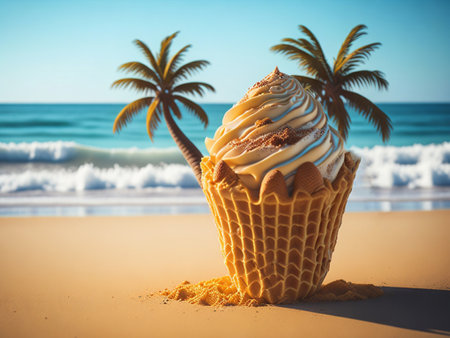 Vanilla ice cream in waffle cone on sandy beach with palm trees and sea backgroundの素材