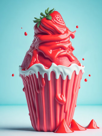 strawberry cupcake on blue background, 3d render illustrationの素材