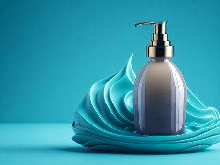 Cosmetic bottle on blue background. 3D illustration. Mock up.の素材