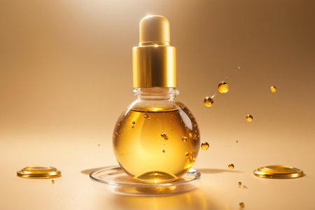 Bottle of perfume with drops on golden background, 3d renderの素材