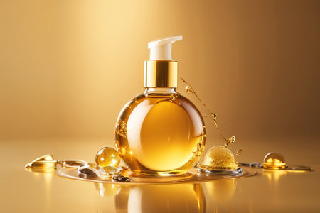 Bottle of perfume on golden background, closeup. Space for textの素材
