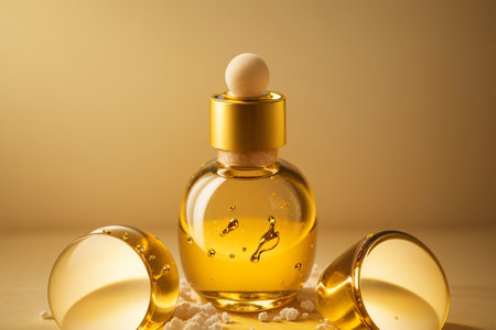 Bottle of perfume with sea salt on yellow background, closeupの素材