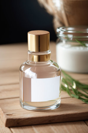 Cosmetic bottle with blank label for branding mock-up on wooden backgroundの素材