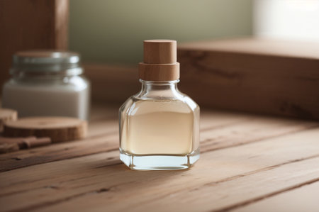 Essential oil in a glass bottle on a wooden background, spaの素材
