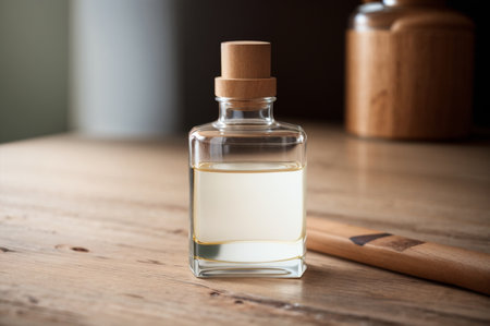 Aromatherapy oil in a glass bottle on a wooden tableの素材