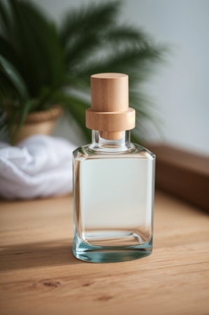 Bottle of perfume on wooden table against blurred background, closeupの素材