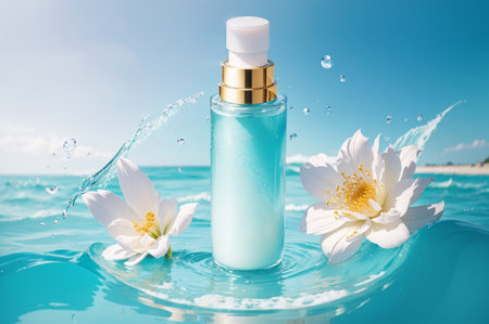 cosmetic cream in glass bottle on blue water with white flowers.の素材