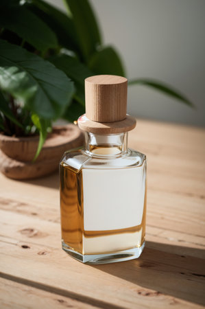 Perfume bottle on a wooden table with green plant in backgroundの素材