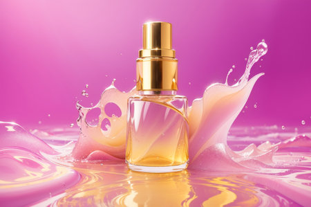 bottle of perfume with splash on pink background. 3d renderingの素材