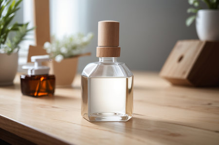 Perfume bottle on wooden table in a cafe, stock photoの素材