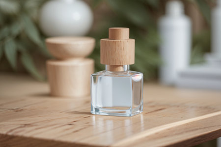 perfume bottle on wooden table in spa with copy space.の素材