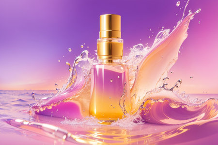 Bottle of perfume with splashes of water on a pink backgroundの素材