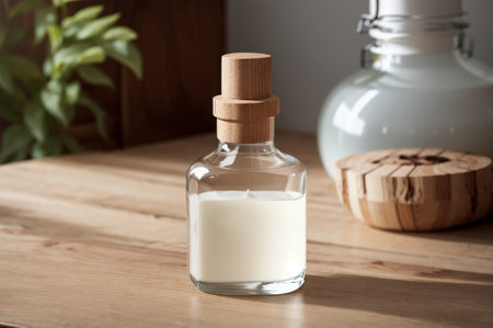 Glass bottle with essential oil on wooden table in kitchen, stock photoの素材